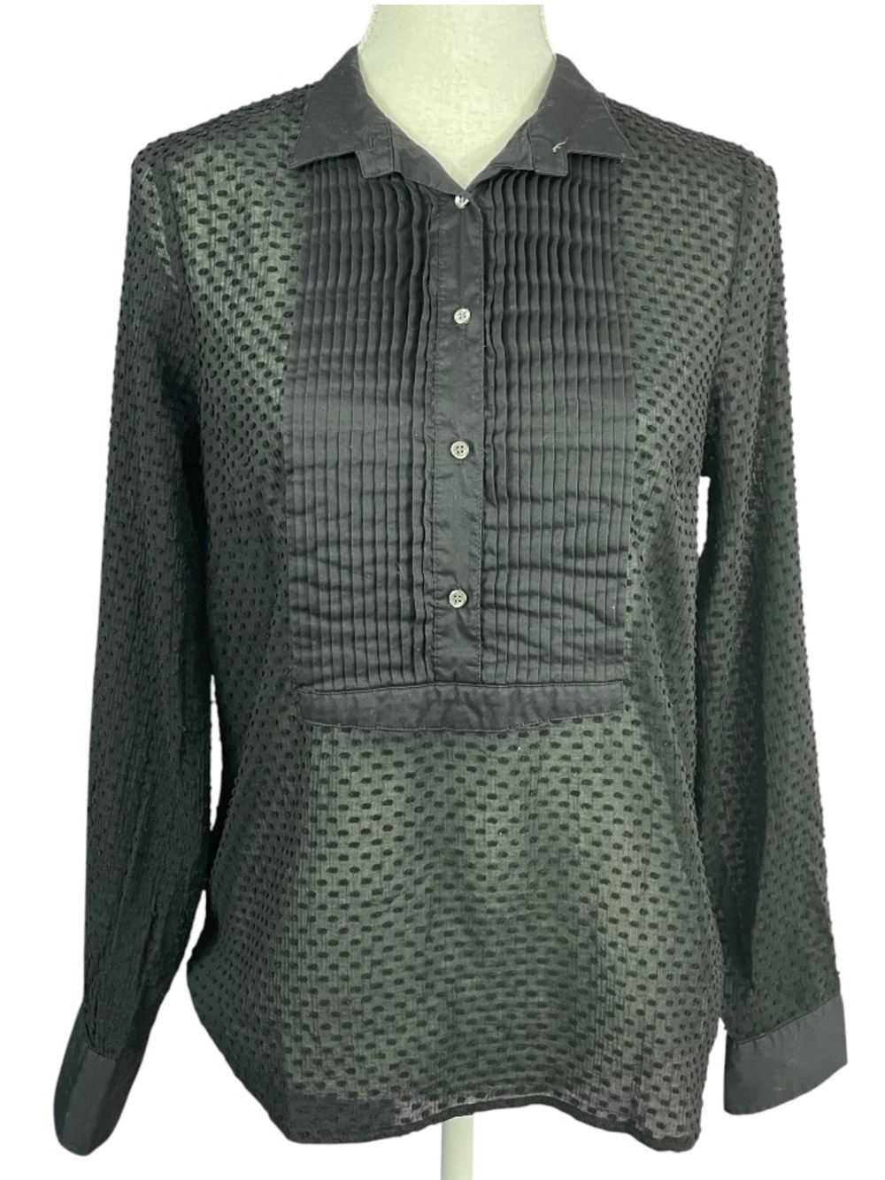 J Crew Whimsigoth Victorian Blouse 6 Black Pintucked Swiss Dot Flocked Button-up